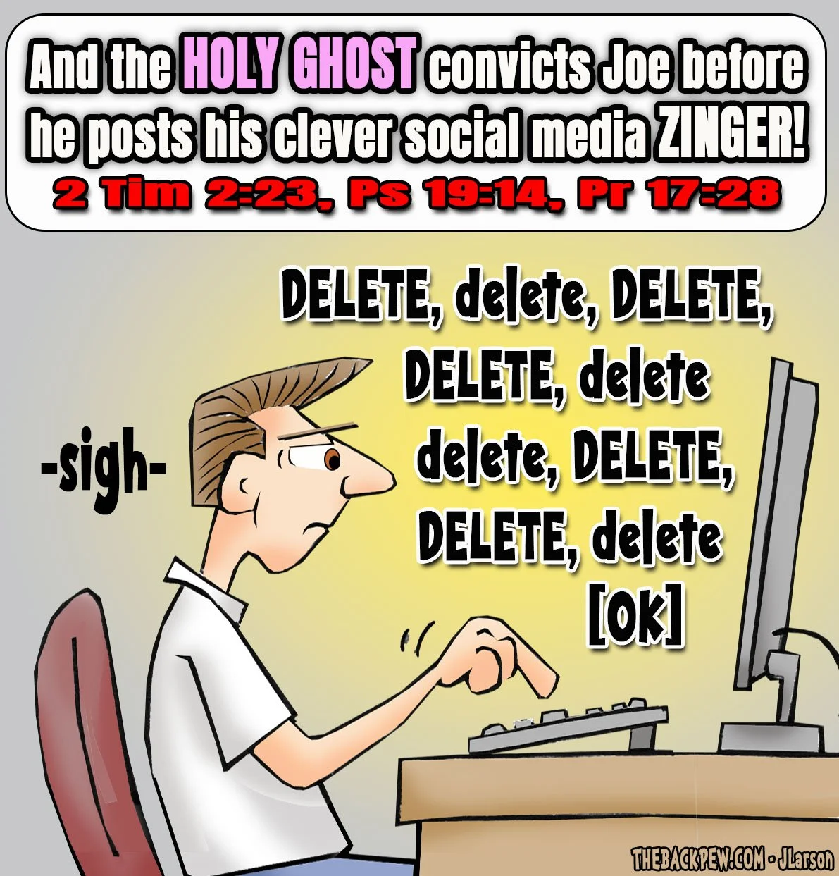 Christian Cartoon of the Holy Spirit prompting man to delete rather than post social media ZINGER