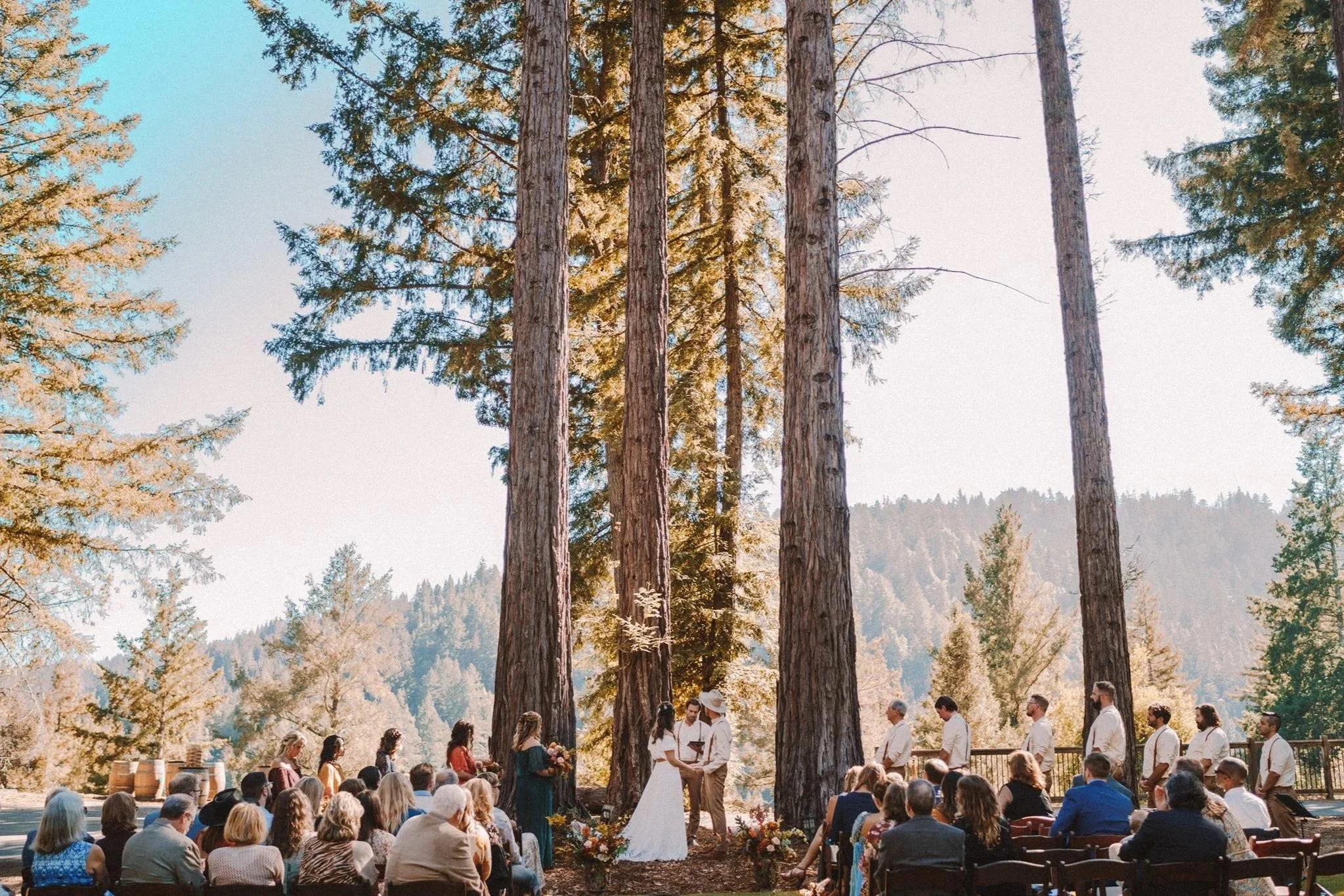 Wedding ceremony outdoors in a forest with tall trees in Austin Texas, where a bride and groom exchange vows in front of an audience. Bridesmaids and groomsmen stand on either side. The background features mountain scenery and clear sky.