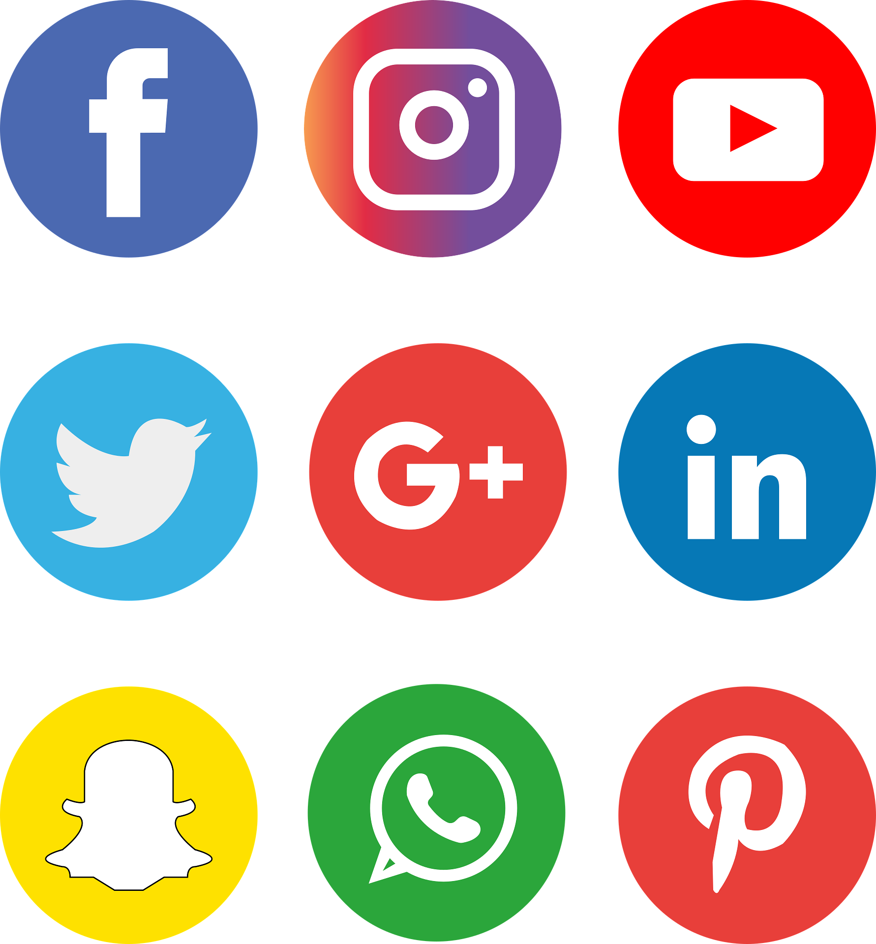 A collection of social media icons including Facebook, Instagram, YouTube, Twitter, Google Plus, LinkedIn, Snapchat, WhatsApp, and Pinterest.