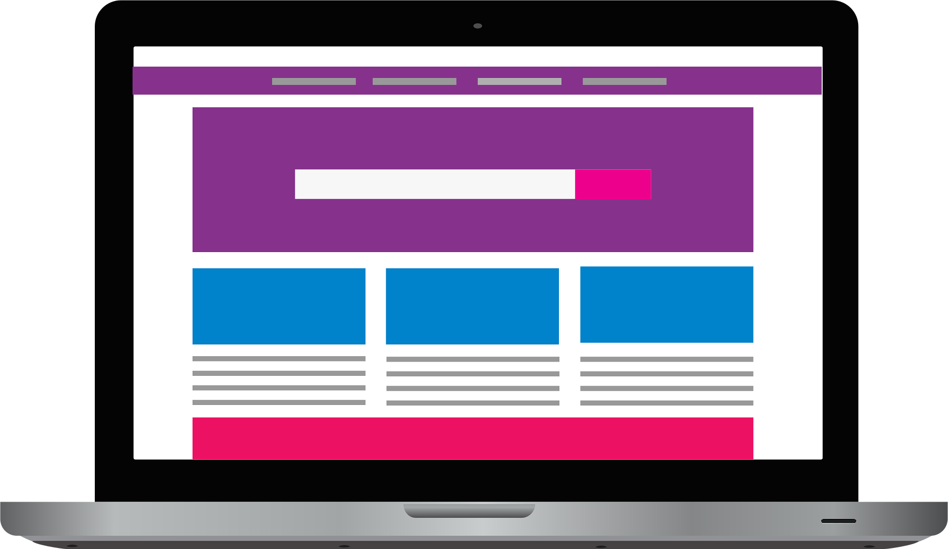A laptop displaying a colorful website layout with a purple header, a search bar, three blue sections for content, and gray lines representing text, along with pink accents.