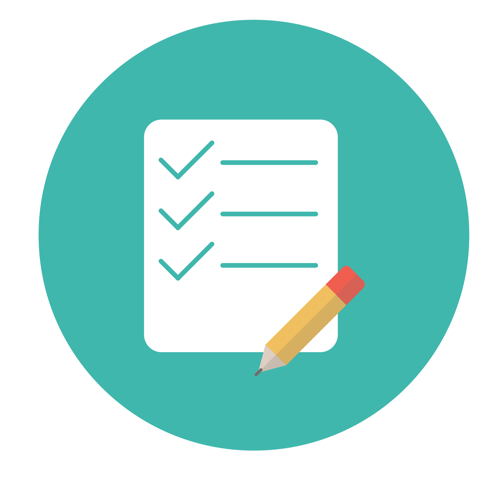 Checklist with three checkmarks and a yellow pencil on teal background.