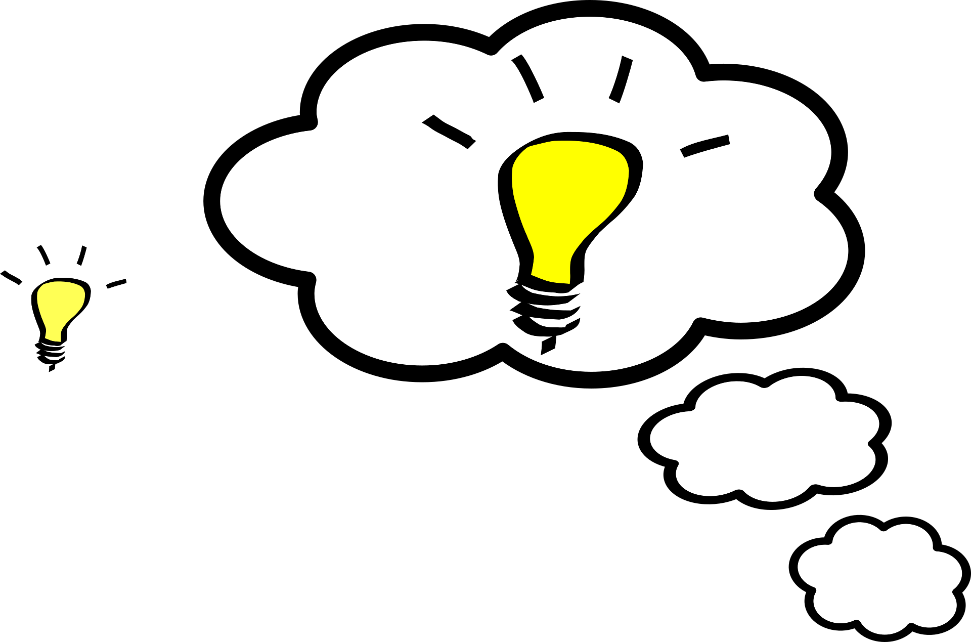 A digital drawing of a lightbulb inside a white cloud, with two smaller clouds below, against a black background.