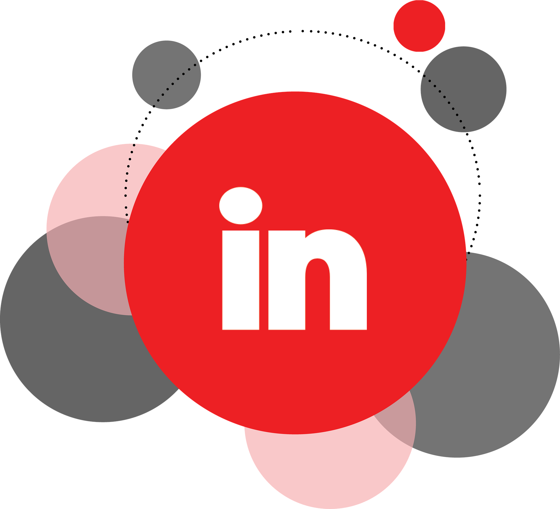 LinkedIn logo with a red circle and white text 'in' at center, surrounded by various gray and pink circles.