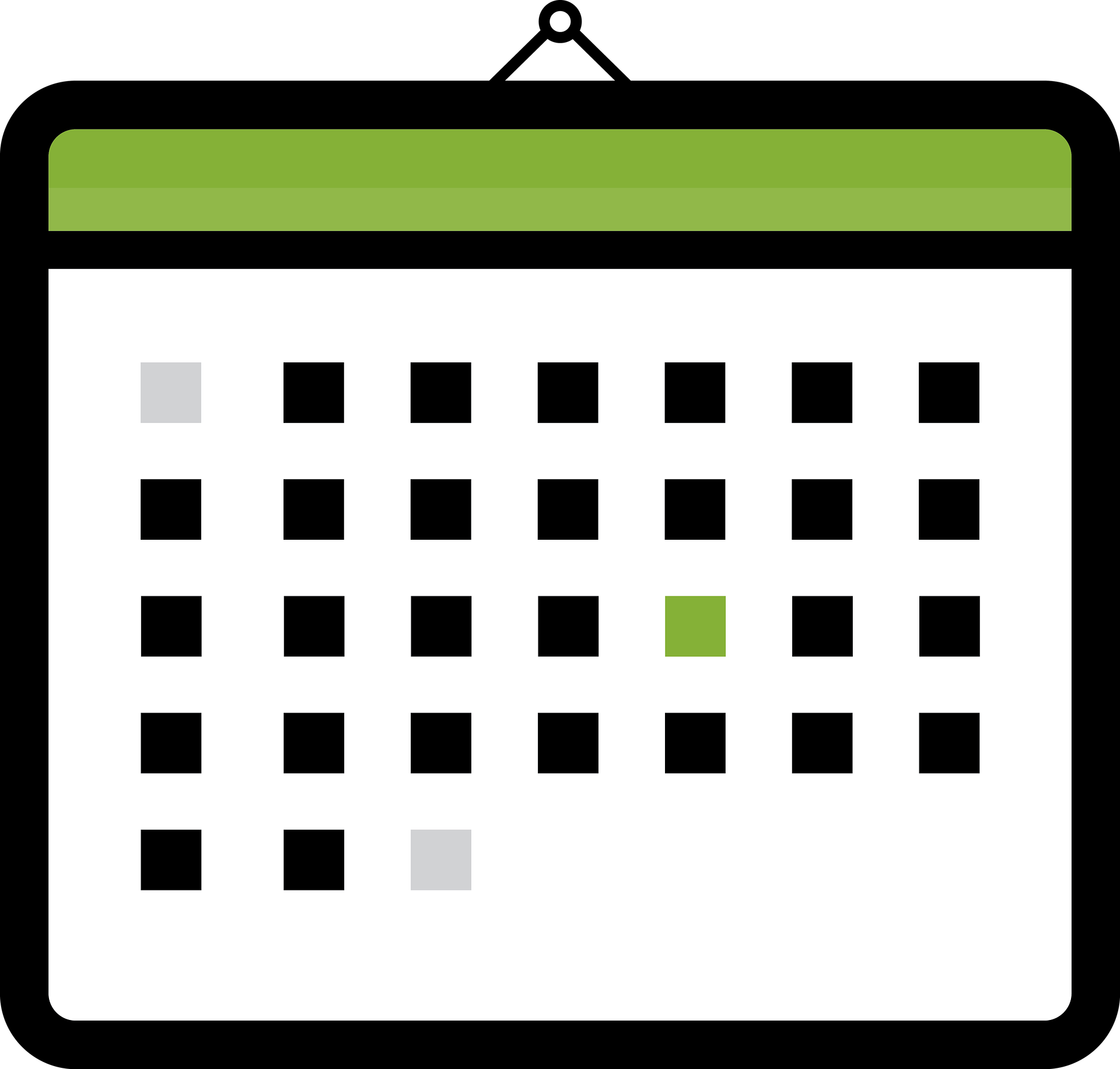 Digital calendar with dates marked in black squares, a green highlight on a specific date, and two grey squares for past or upcoming dates.