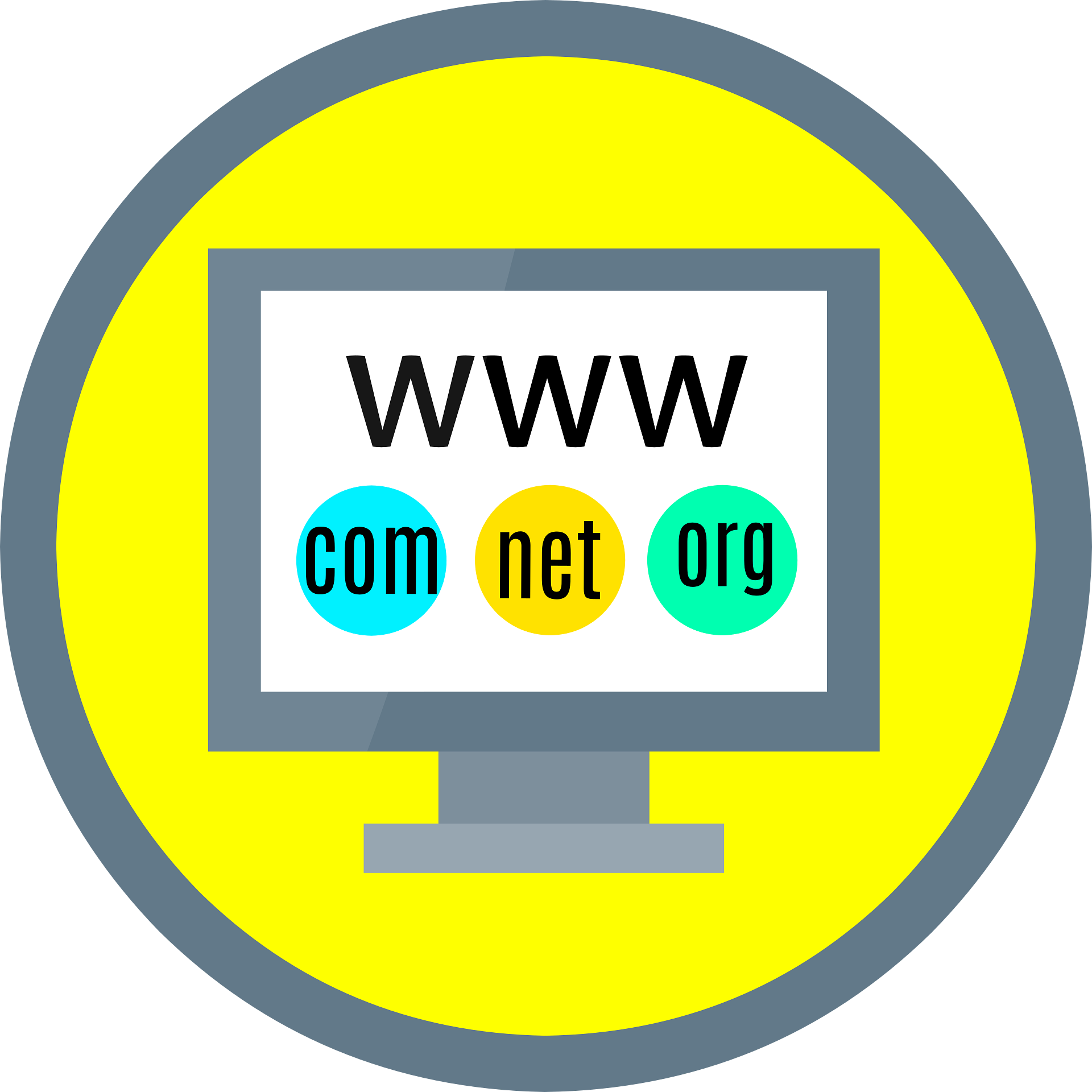 Illustration of a computer monitor with 'WWW' and domain extensions 'com,' 'net,' and 'org' inside circles, surrounded by a yellow and gray circular background.