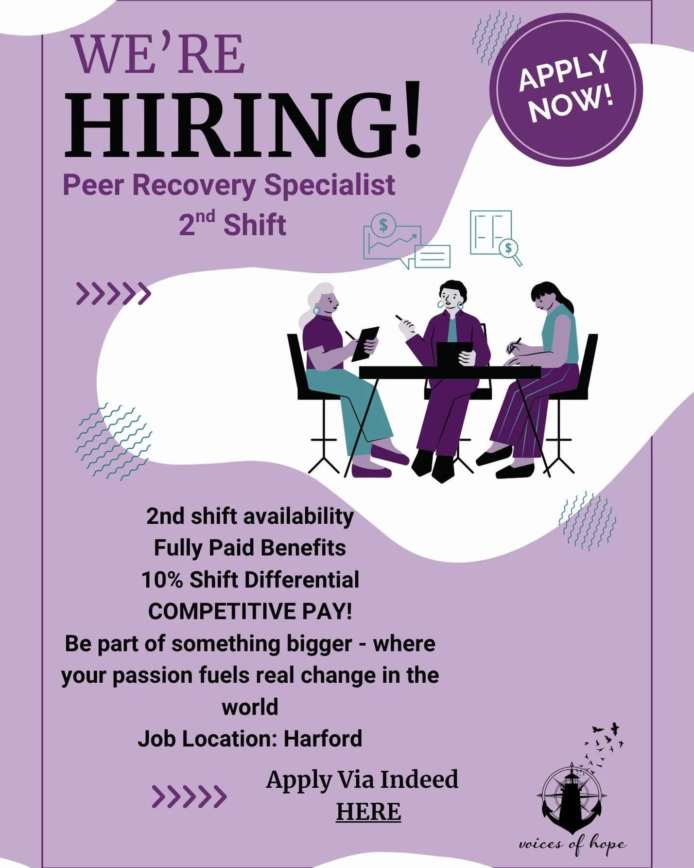 📣 WE'RE HIRING! 📣

Join our mission to bring hope and healing to the community 💜

Are you someone who&rsquo;s walked the path of recovery and now wants to help others find hope and healing? Voices of Hope's Harford location is looking for passiona