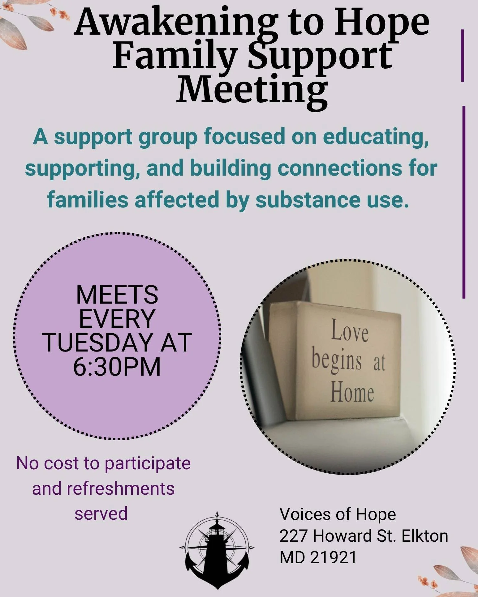 🌟 Did You Know? 🌟

Voices of Hope offers two free weekly support meetings to help families and friends affected by substance use. 💜

🕊️ Awakening to Hope Family Support Meeting
📅 Every Tuesday at 6:30 PM
📍 227 Howard Street, Elkton, MD 21921
A 