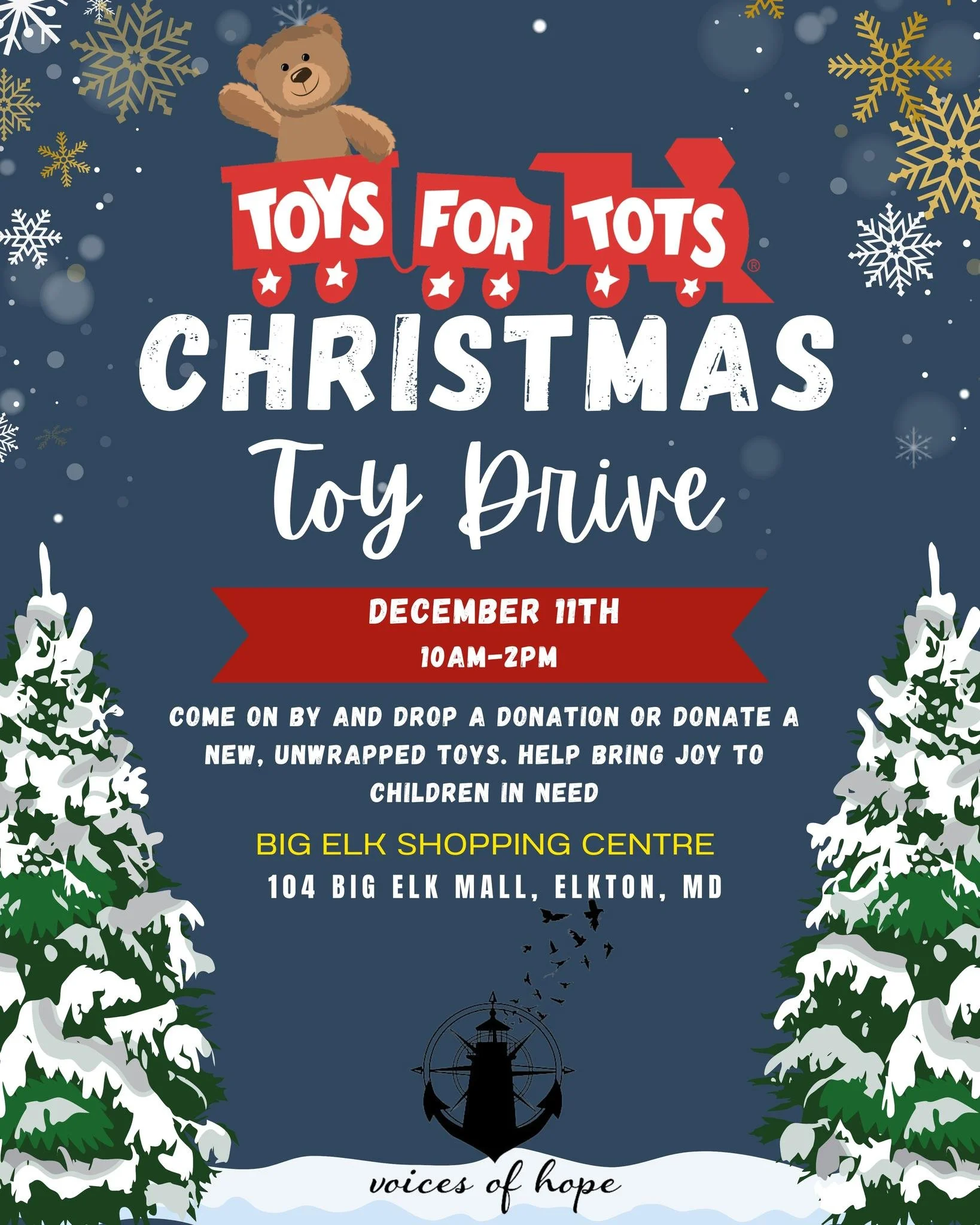 Good Morning, VoH Fam 💜

We&rsquo;re excited to share that Voices of Hope is partnering with Toys for Tots for a Christmas Toy Drive on:

📅 Thursday, December 11, 2025
🕙 10:00 AM &ndash; 2:00 PM
📍 Big Elk Shopping Centre
104 Big Elk Mall, Elkton,