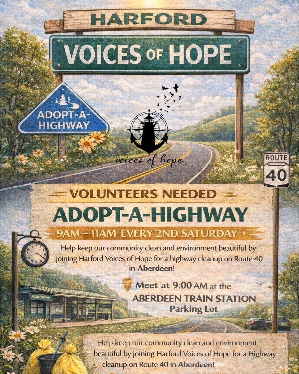 🚧 Harford Voices of Hope &ndash; Adopt-A-Highway 🚧

We&rsquo;re proud to help keep our community clean and beautiful&mdash;and we&rsquo;d love for you to join us.

Our Adopt-A-Highway cleanup on Route 40 takes place every 2nd Saturday from 9 AM &nd