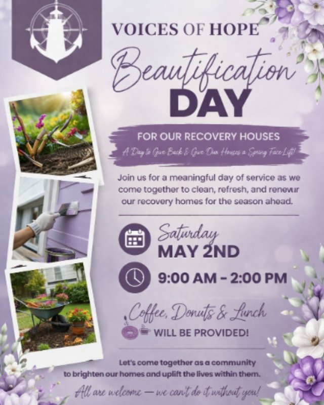 We&rsquo;re excited to invite you all to join us for our upcoming Recovery House Beautification Day on May 2nd from 9 AM to 2 PM! This is a meaningful opportunity for us to come together, give back, and help refresh our recovery house with a well-des