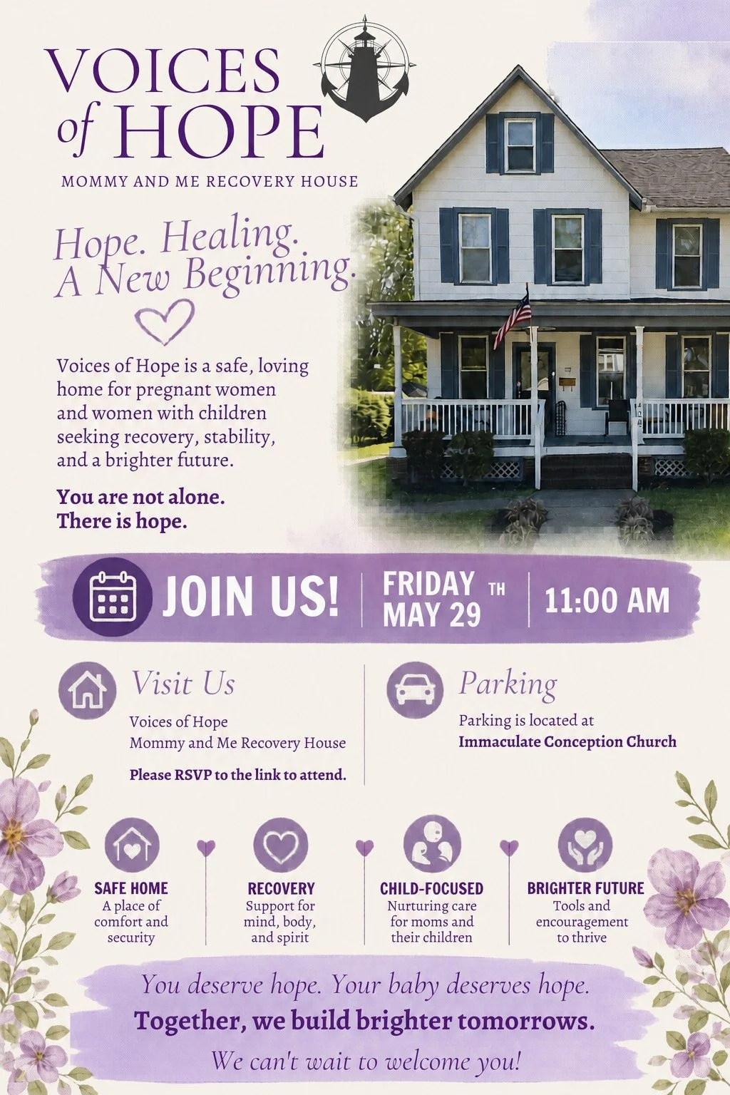 ✨ You&rsquo;re Invited! ✨

Join us as we celebrate a milestone filled with hope, healing, and new beginnings at the Grand Opening &amp; Ribbon Cutting Ceremony for our Women&rsquo;s &amp; Children&rsquo;s Recovery House. 💜

This home represents more