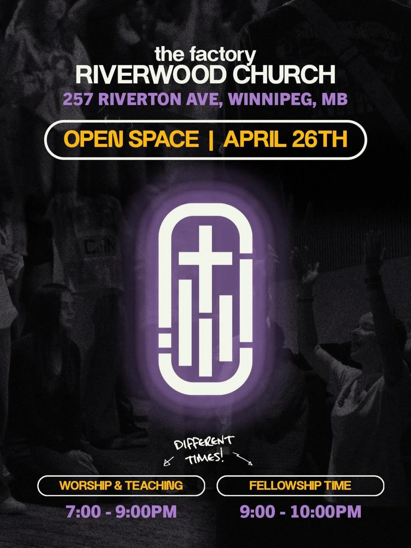 Alert alert‼️‼️
Next open space event will be at Riverwood church on April 26! See you and your friends soon:)

*IMPORTANT UPDATE* The times have changed from normal!!

🗓️April 26,2026
⏰Worship: 7-9, Fellowship: 9-10
📍Riverwood Church (The Factory)