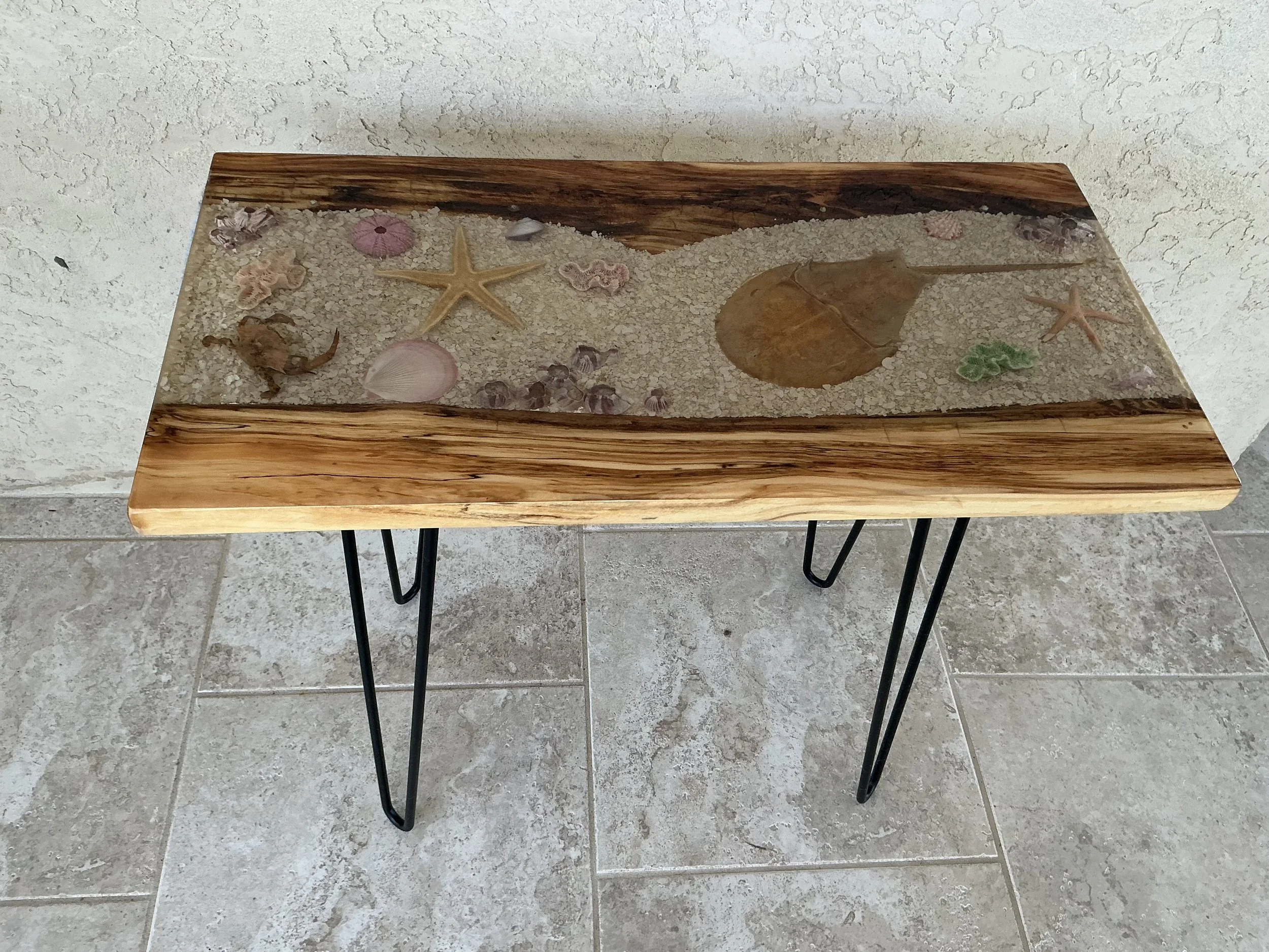 T 106 Sea Life table, horsehoe crab, starfish, blue crab, etc., 26 “ L  x 13” W x 22”H $550 IMG_0215.jpg