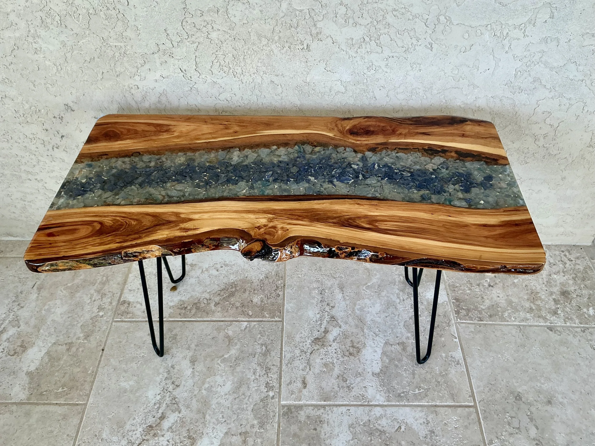 T 104 Live edge aspen wood inlaid with sodalite & blue calcite,  30”L x 15”W x 19”H $650 IMG_0207.jpg