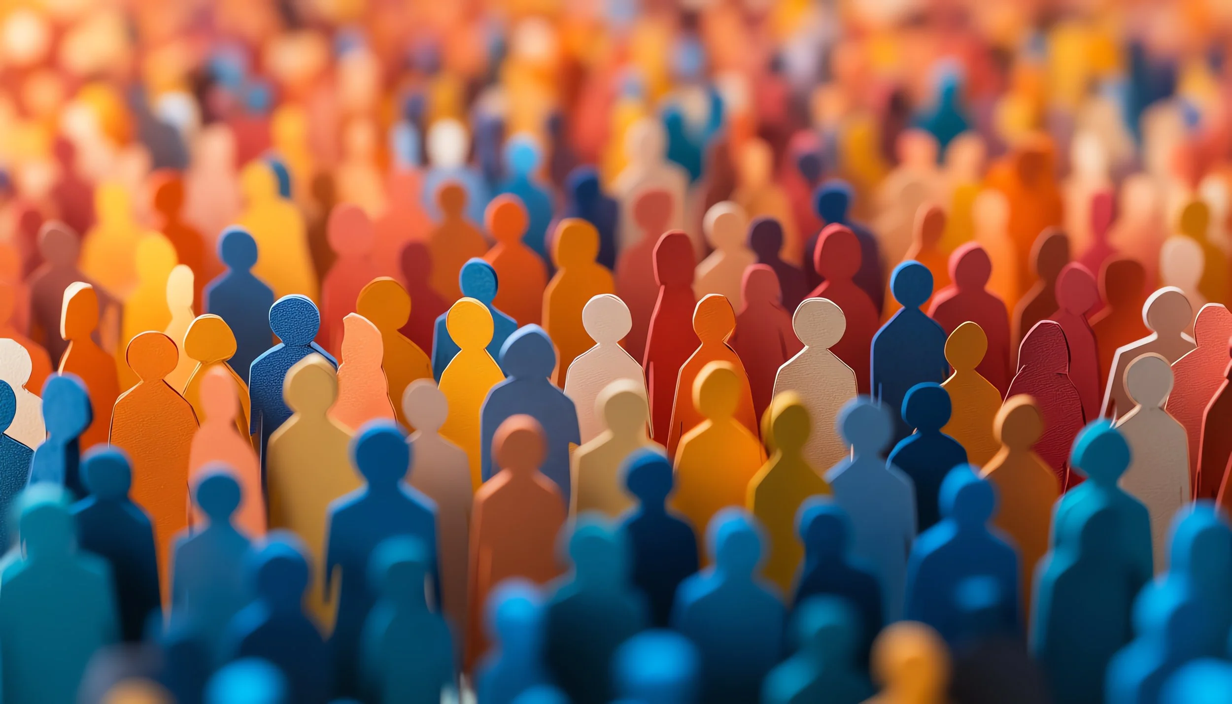 A colorful crowd of paper cutout people in blue, yellow, orange, red, and white, representing diversity.