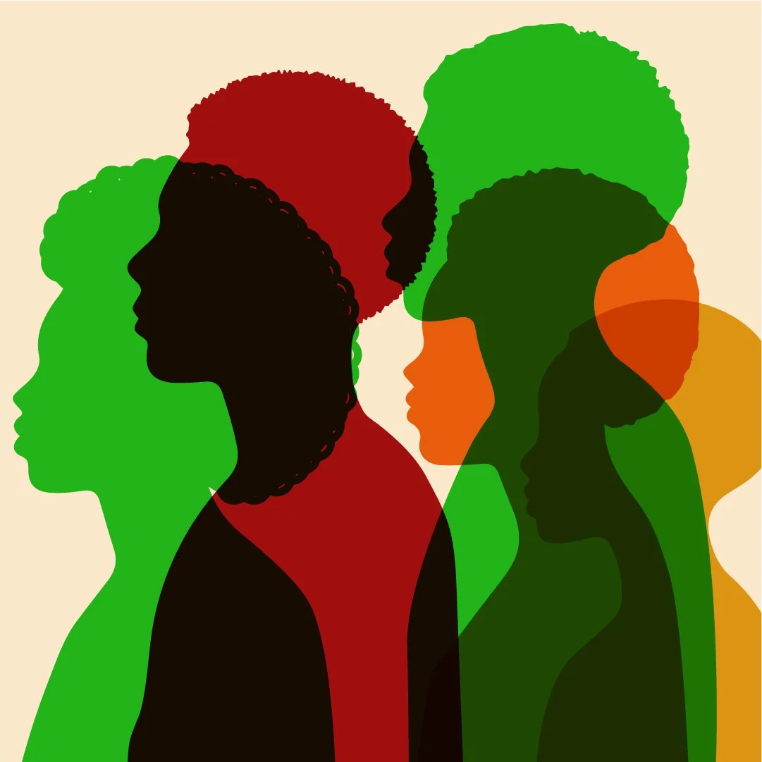 Silhouettes of diverse women with colorful hairstyles, overlapping in a layered artwork.