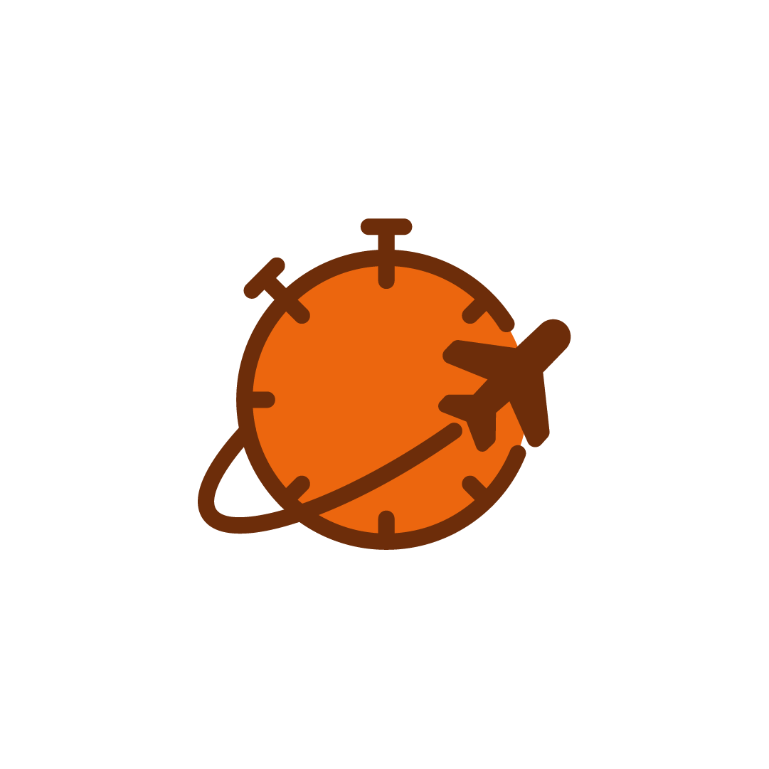 Graphic of an orange clock with an airplane icon crossing it, symbolizing travel or flight time.