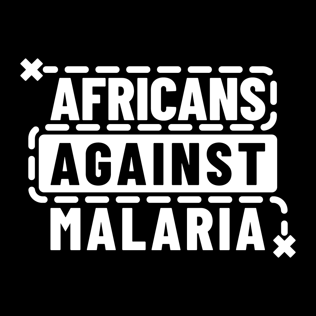 Black background with white text that reads 'Africans Against Malaria' and decorative elements.