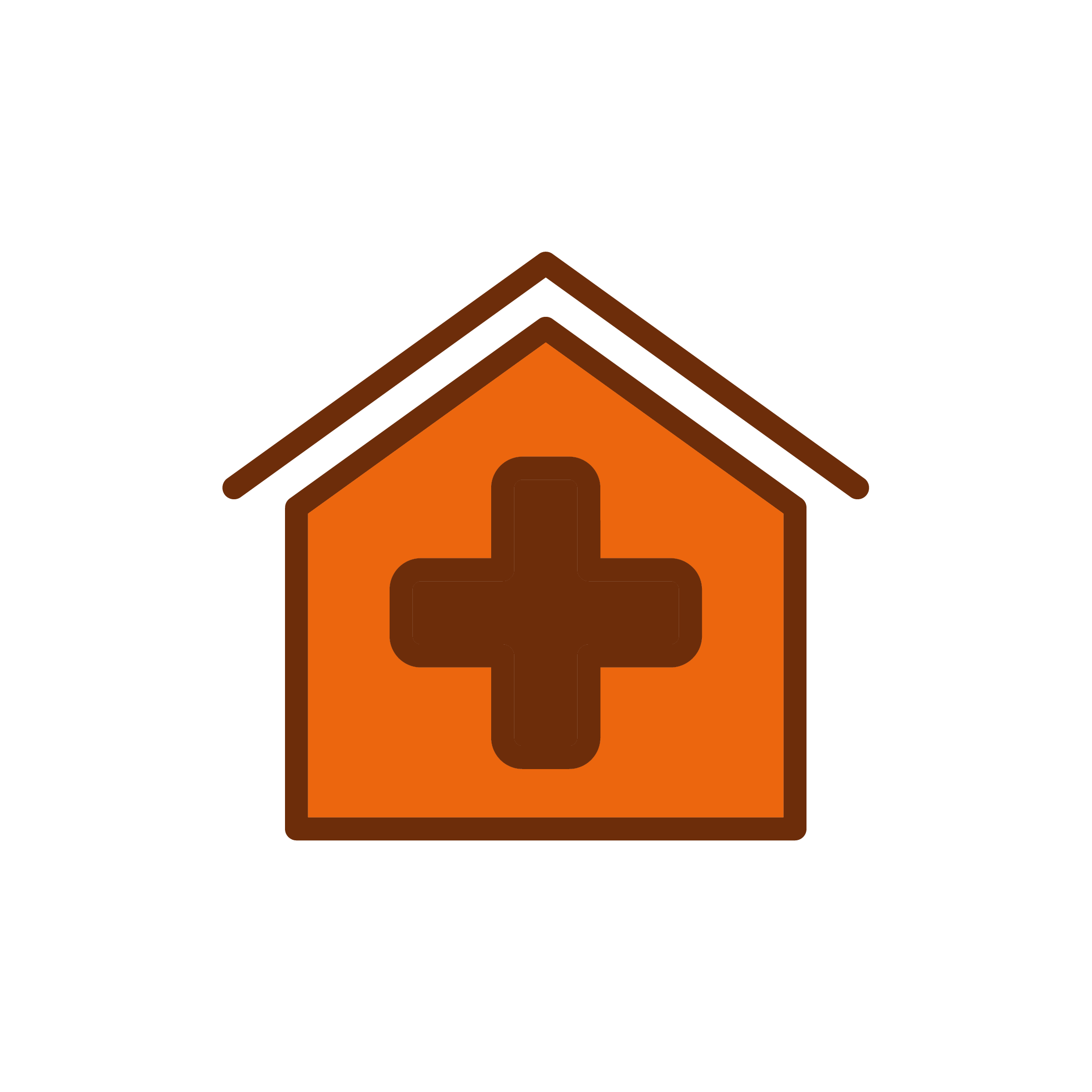 Illustration of a pet shelter building with an orange body, brown roof, and a brown medical cross symbol on the front.