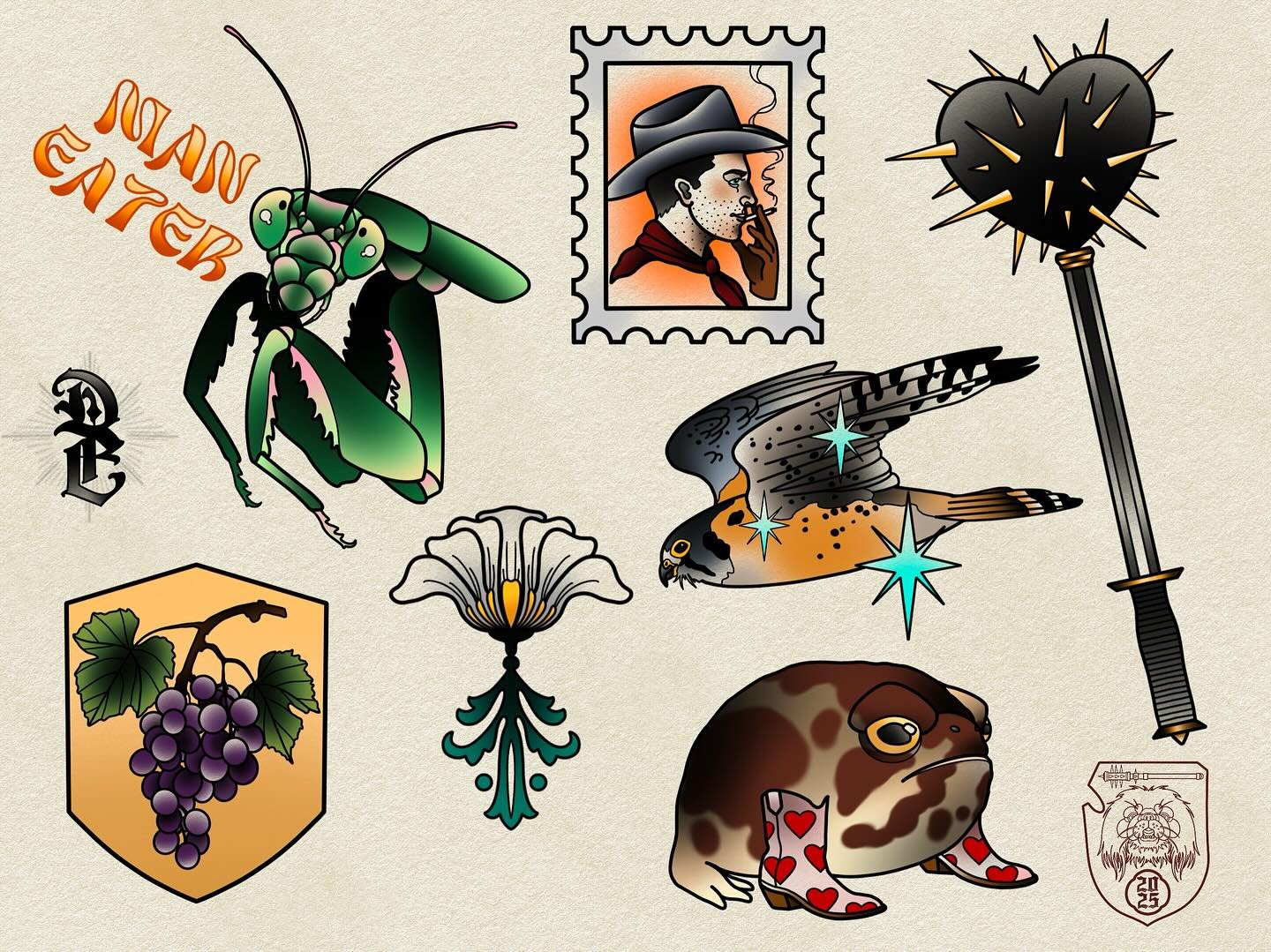 💅🏻 Man Eater 💅🏻
My flash sheet for the Summer Solstice/PRIDE flash event at @dirtnaptattoostudio on Sunday the 22nd! I like how my two realms of western and medieval imagery somehow ended up on the same sheet. It’s just how my brain works ?