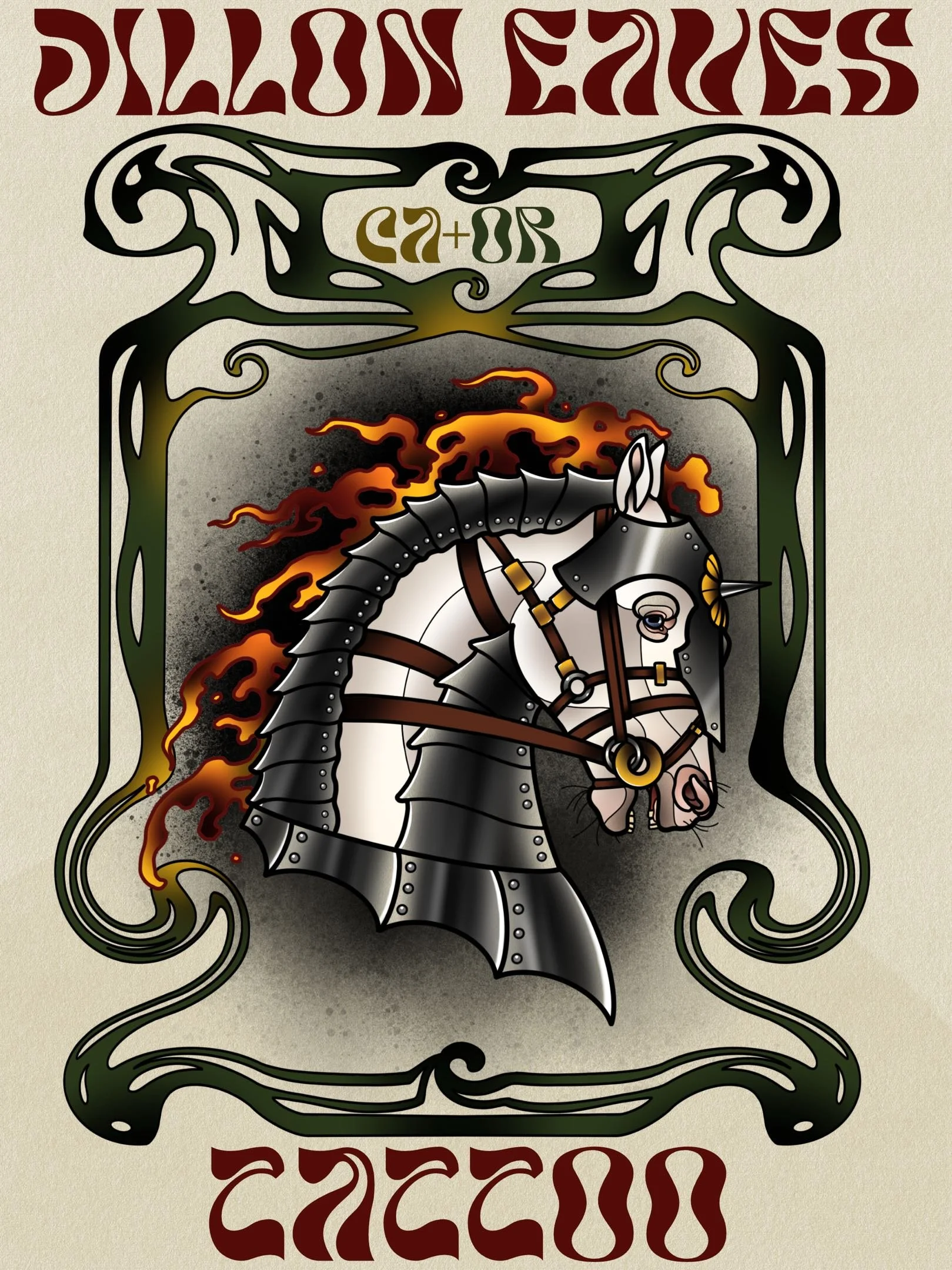 Dillon Eaves Tattoo art nouveau banner — armored war horse with flaming mane, CA and OR