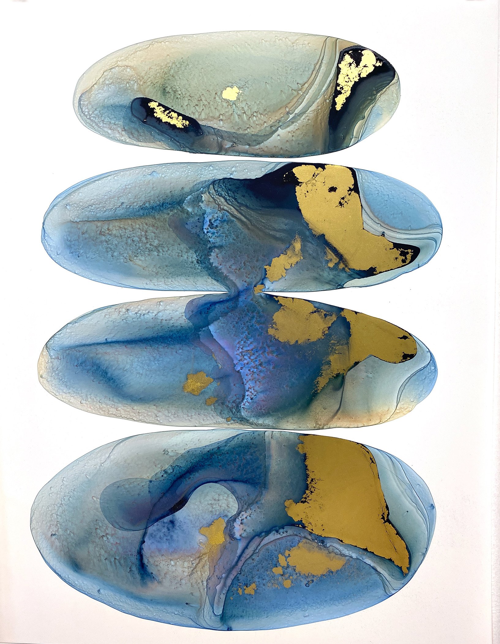 Balancing Act Series: Deconstructed paint to create abstract landscapes, acrylic paint and pigments on synthetic watercolor paper, 2022