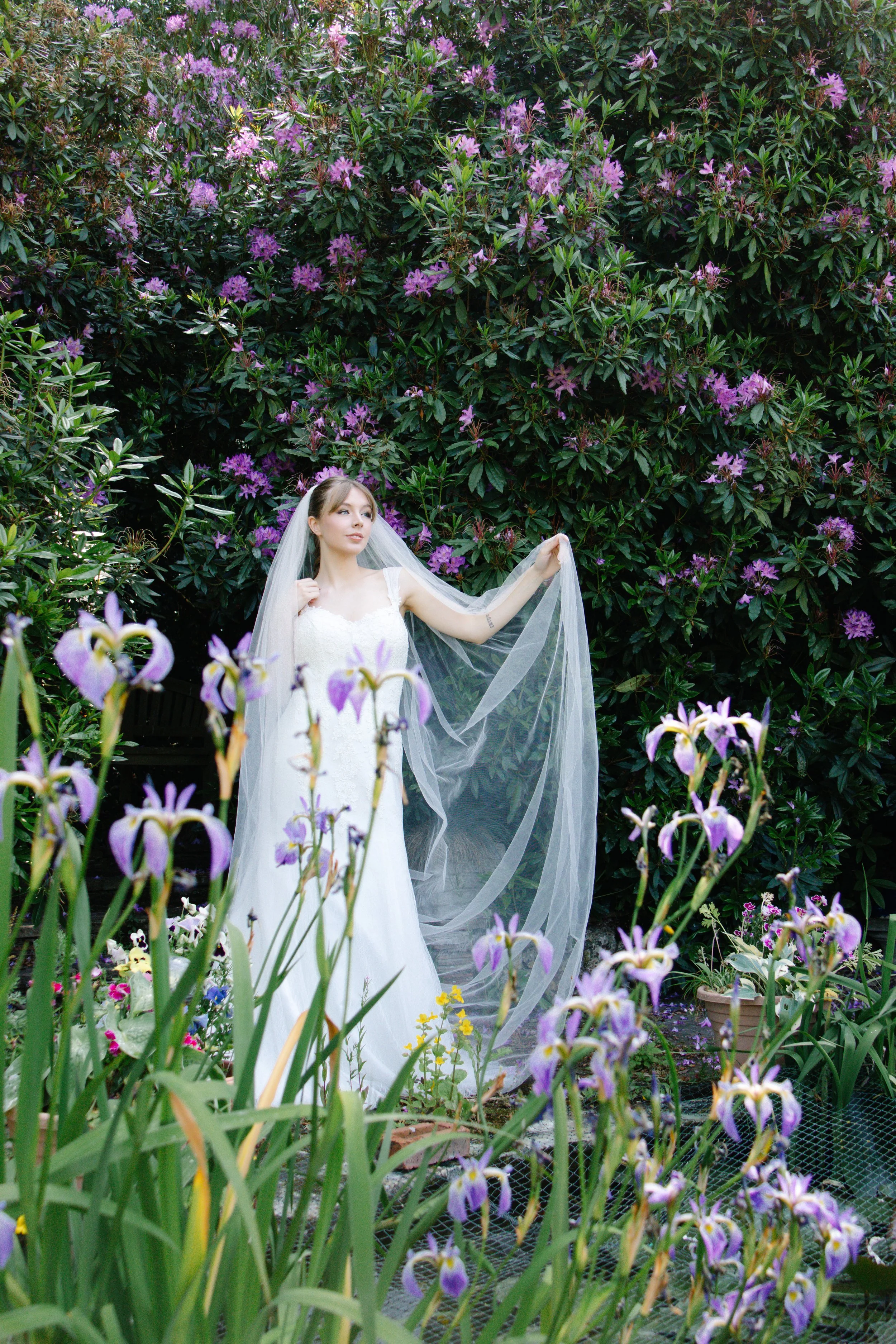 A bride in a white wedding dress and veil standing amidst purple and pink flowers in a garden, holding a sheer veil in one hand.