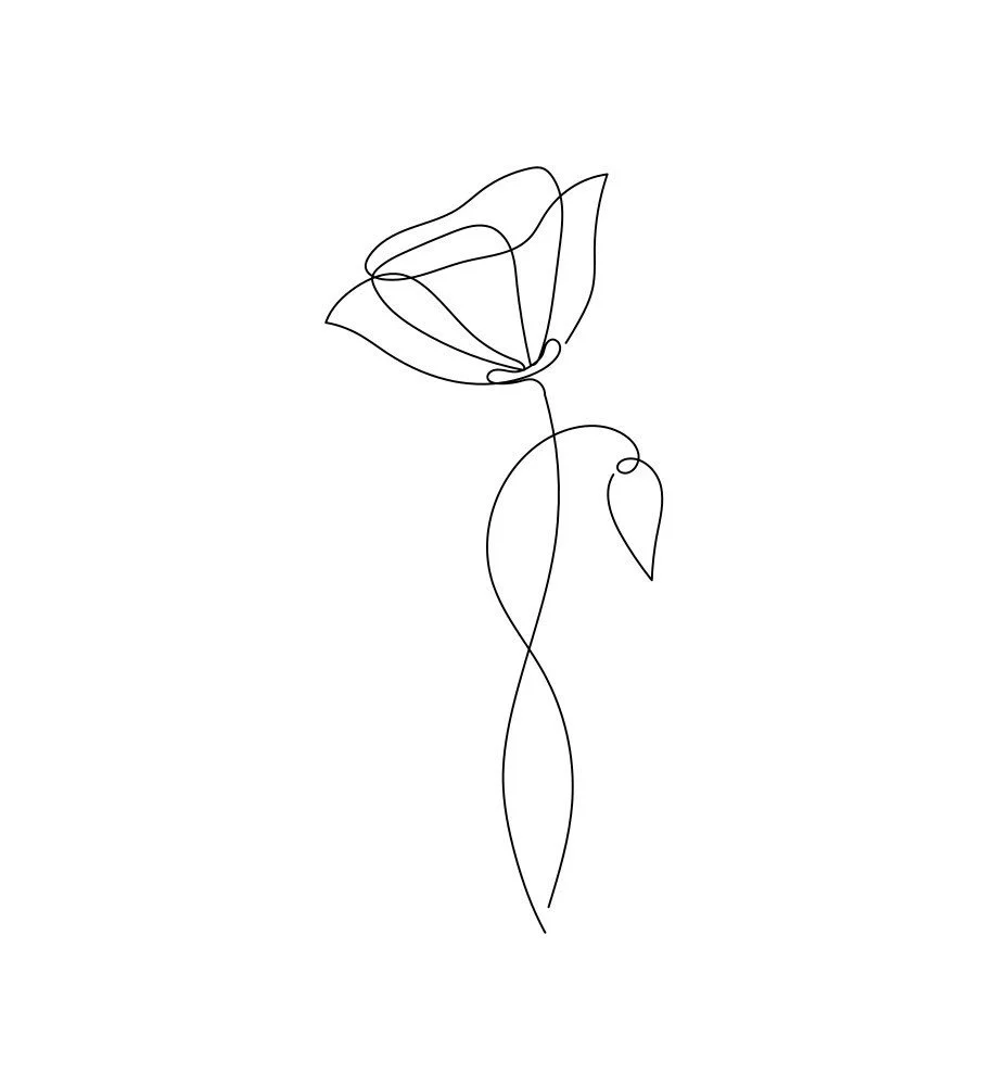 Minimalist line drawing of a single flower with a curved stem and two leaves.