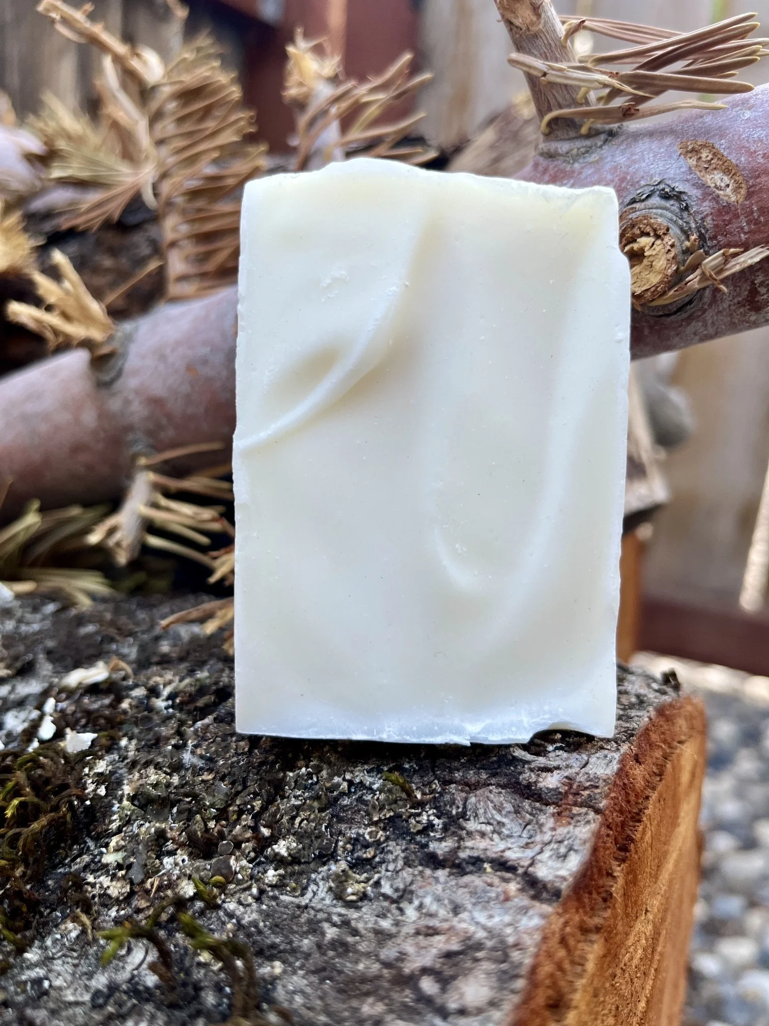 A bar of white soap placed on a wooden surface outdoors, with brown dried plant stems and bark in the background.