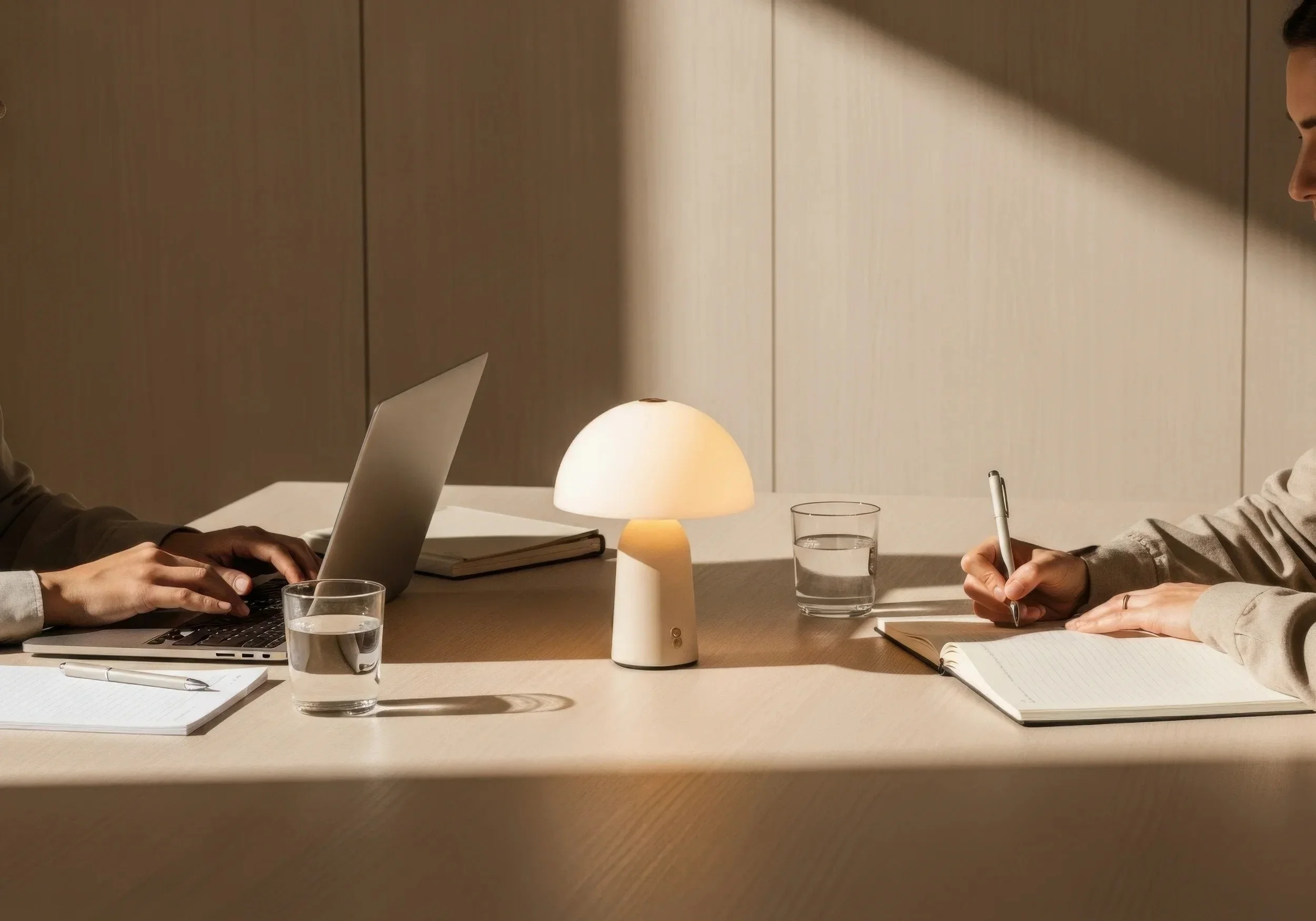 Two people sitting at a table with a small lamp, each working on notebooks or laptops, with glasses of water nearby.