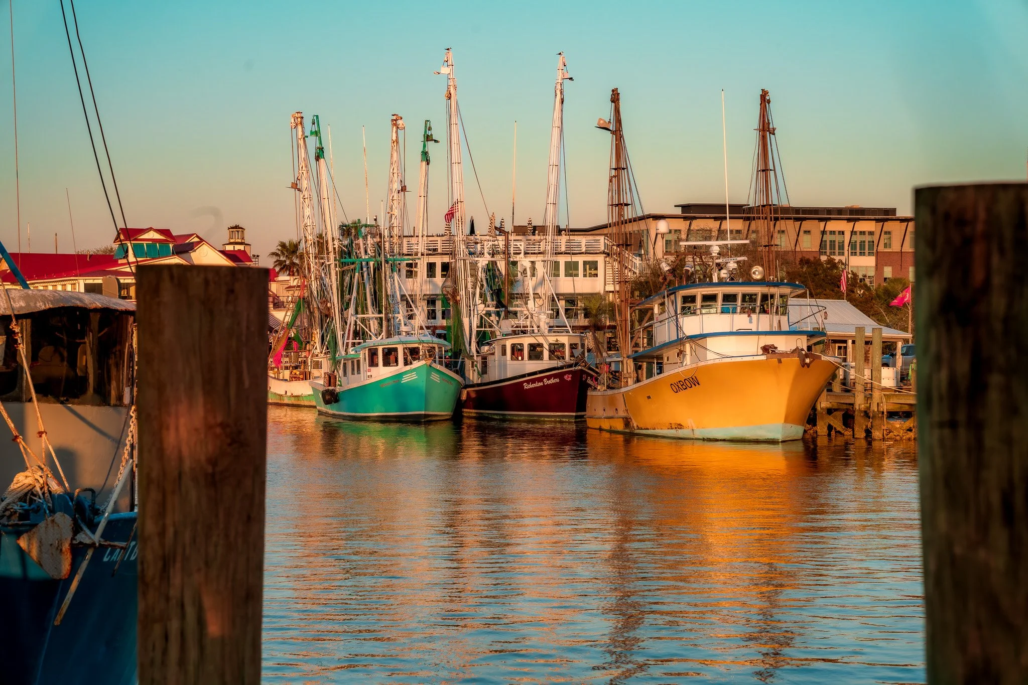 Multiple boats docked at a marina during sunset, with calm water and buildings in the background.