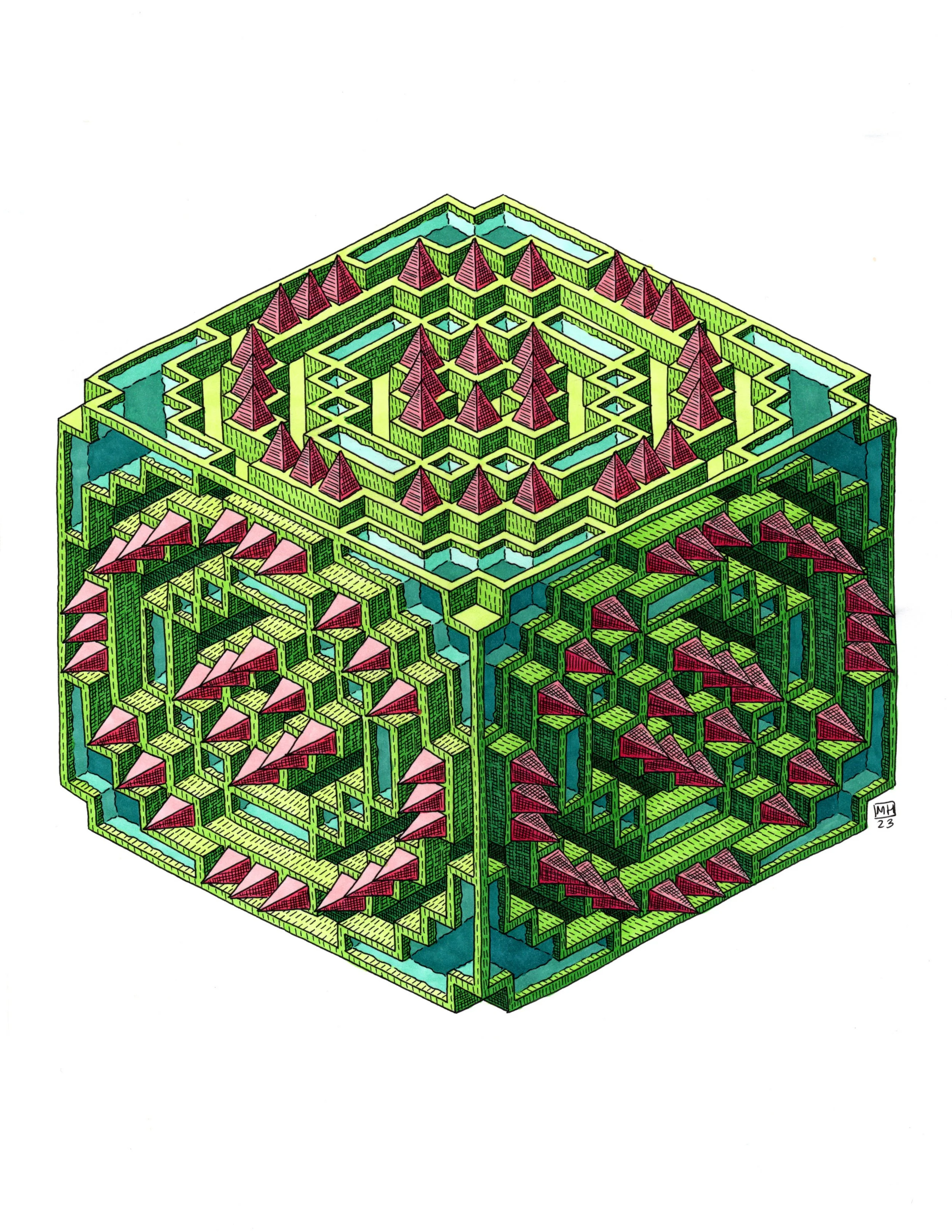 Cube of Ringed Pools and Spikes-Green Pink and Blue.jpg