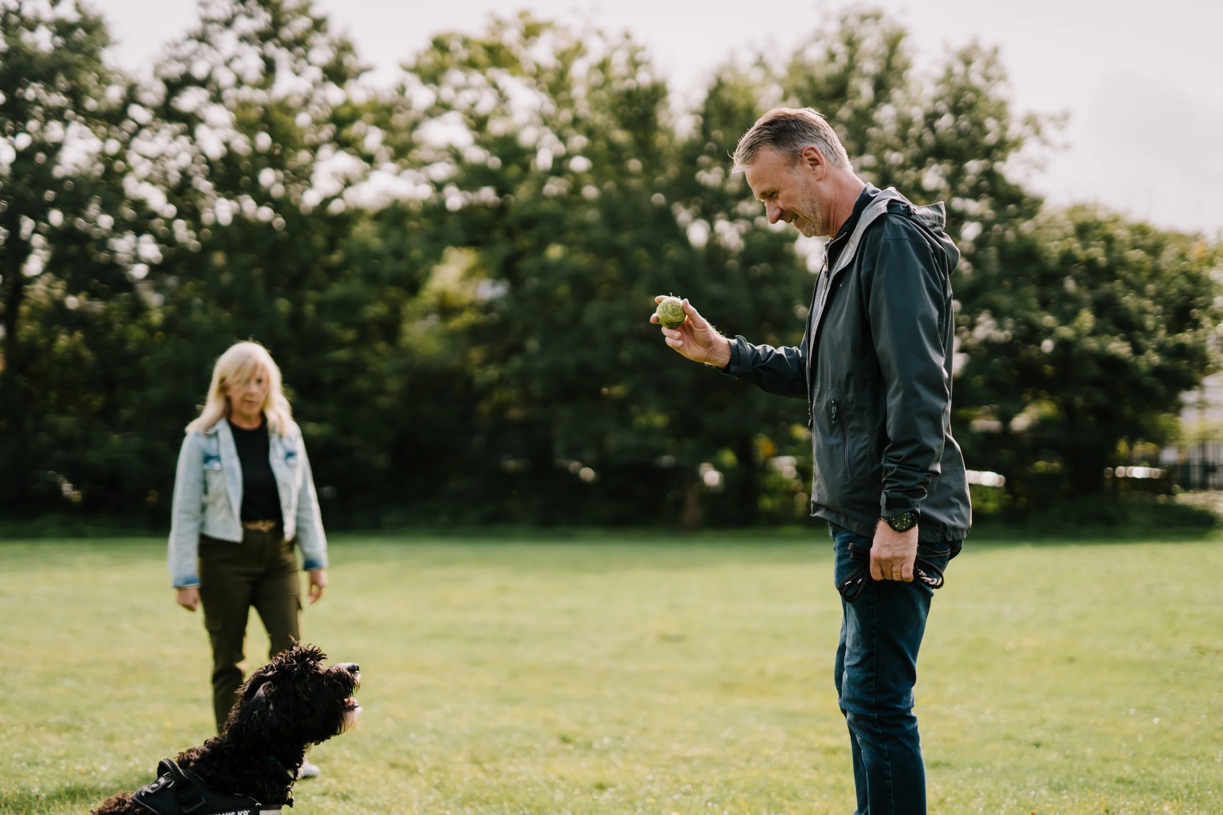 A man with a gray beard holding a green ball and a leash, looking at a black dog sitting on the grass, with a woman standing in the background, in a park with trees.