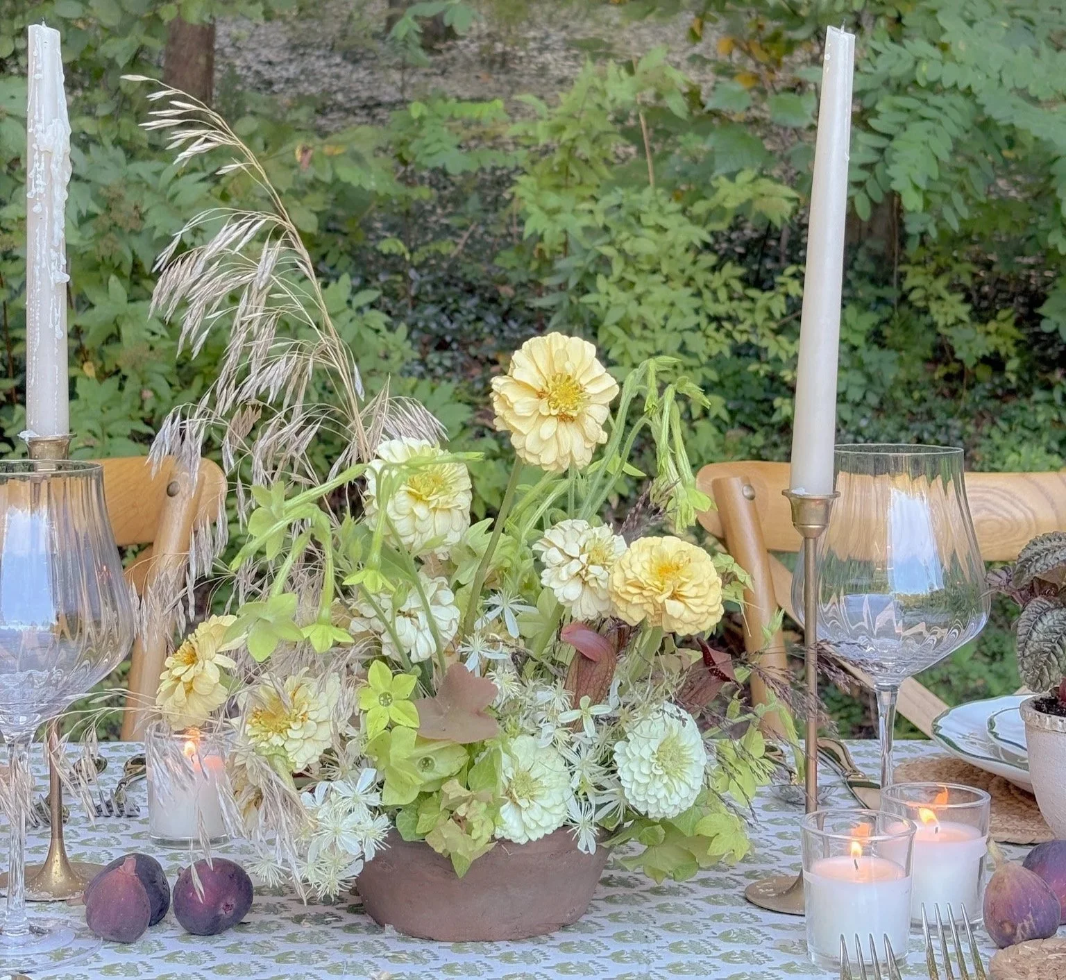 Hudson Valley summer fall butter yellow centerpiece with figs