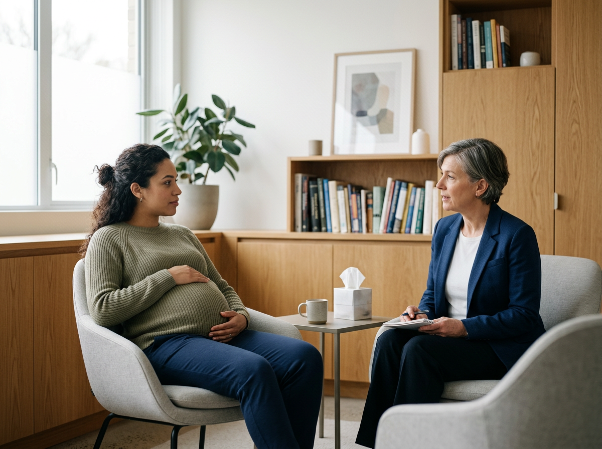 A pregnant woman and a therapist having a conversation in a cozy office with wooden shelves and a large window.
