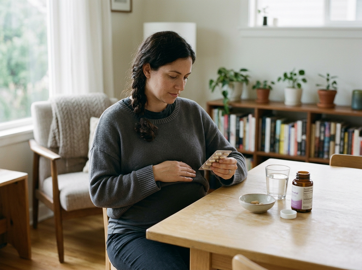 A woman sitting at a wooden table, looking at a blister pack of pills, with a bottle of medication, a glass of water, and a small bowl nearby, in a room with bookshelves and plants.