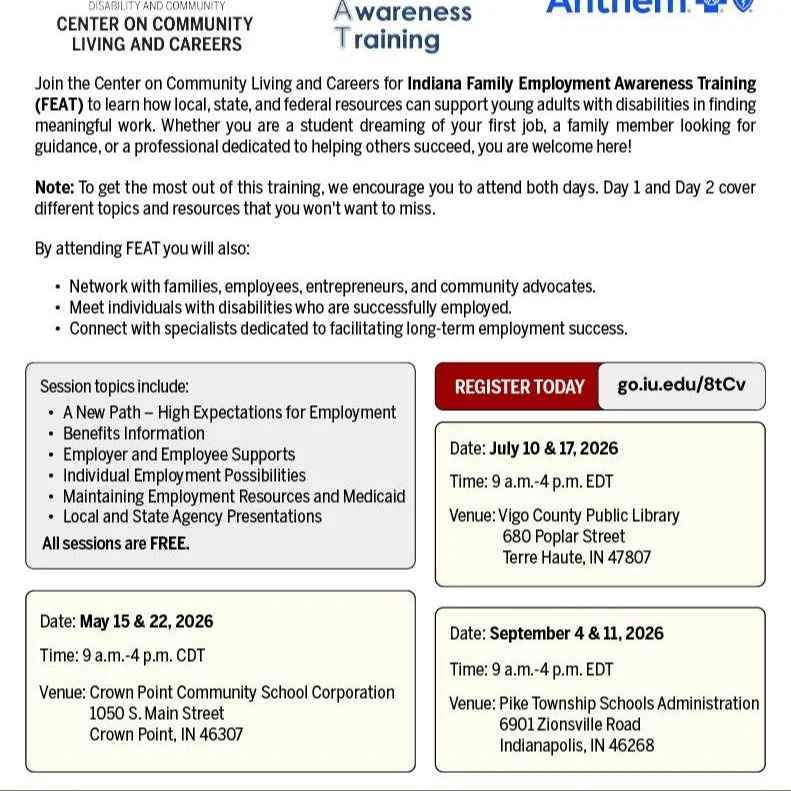 💼 Families &mdash; employment resources for your loved one with a disability exist. You just need to know where to find them.

FEAT (Indiana Family Employment Awareness Training) is coming to Terre Haute in July &mdash; and it's FREE. 🙌

Learn abou
