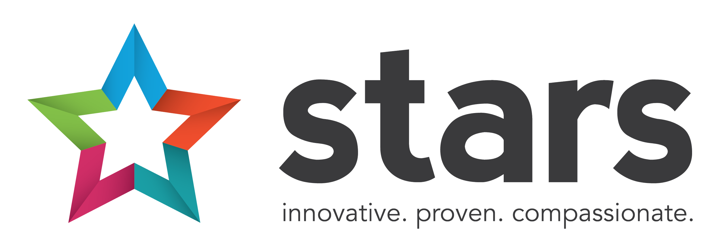 A colorful star with sections in green, blue, orange, and pink beside the word 'stars' in bold black letters, and the words 'innovative. proven. compassionate.' underneath.