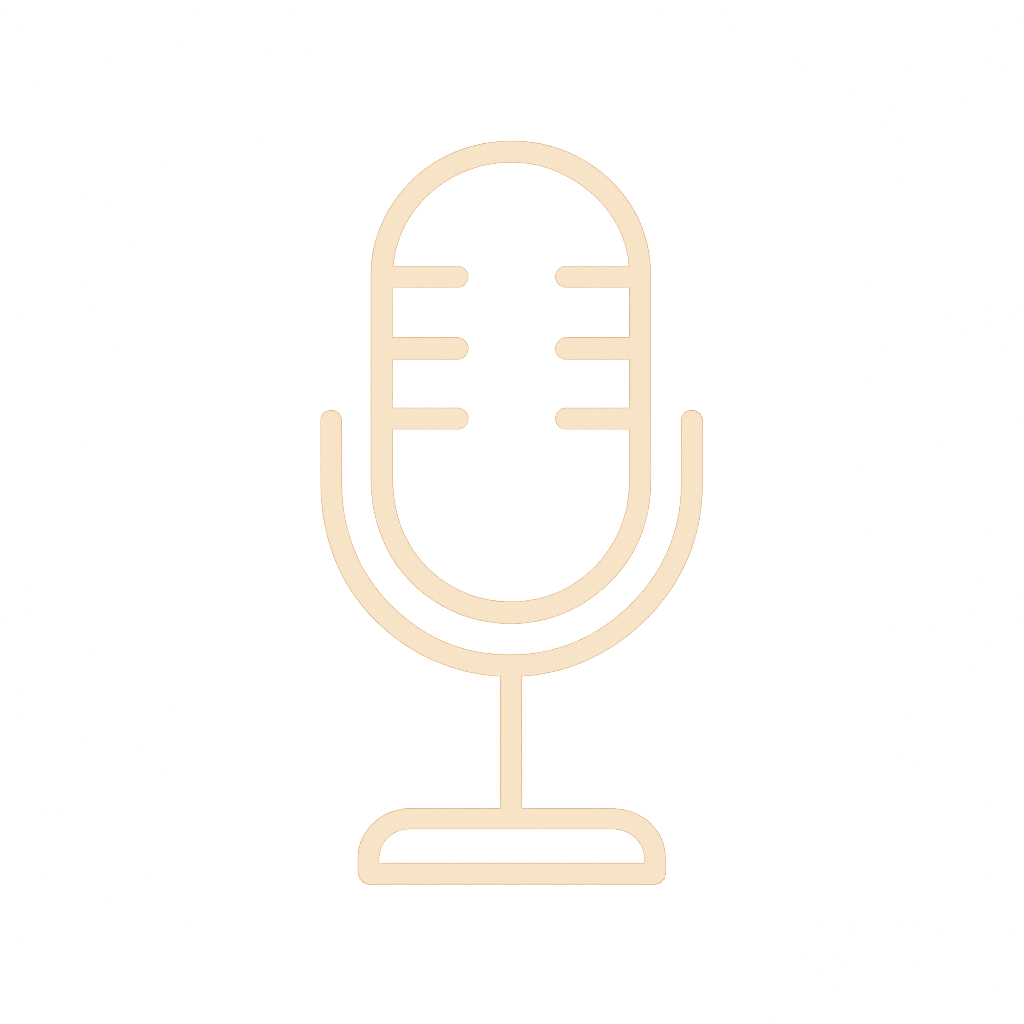 Emcee. Minimalist icon of a microphone on a stand, beige outline on black background.
