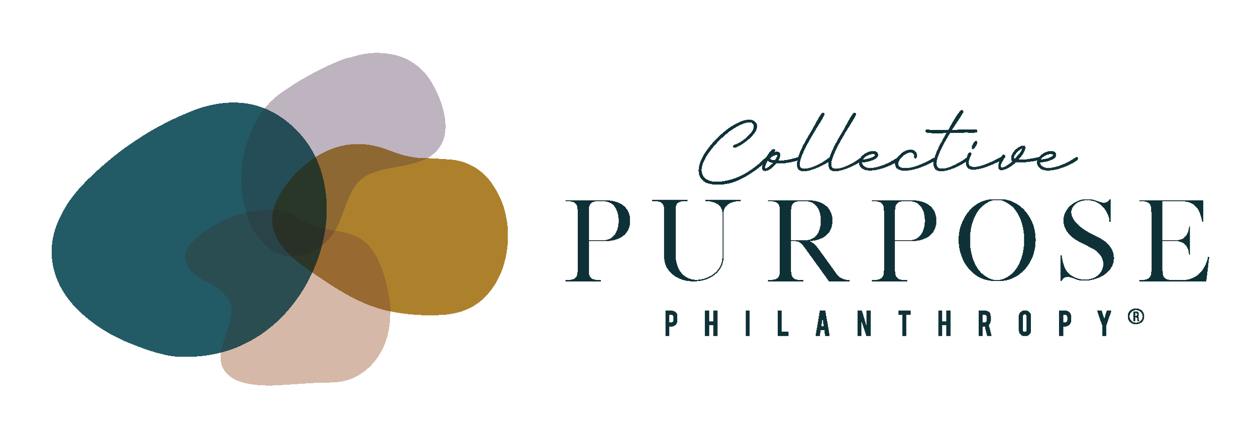 Collective Purpose Philanthropy. Logo with overlapping abstract shapes in dark teal, purple, brown, beige, and olive green, with text 'Collective Purpose Philanthropy'