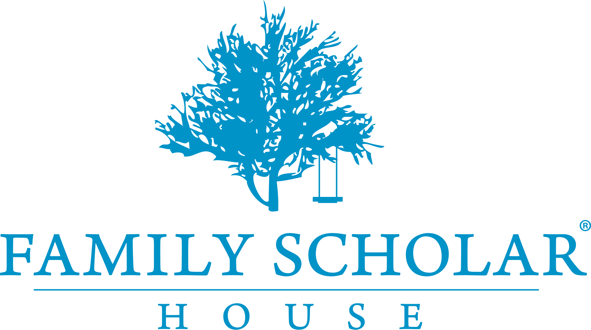 Logo for Family Scholar House featuring a blue tree with a swing hanging from a branch and the words Family Scholar House below.