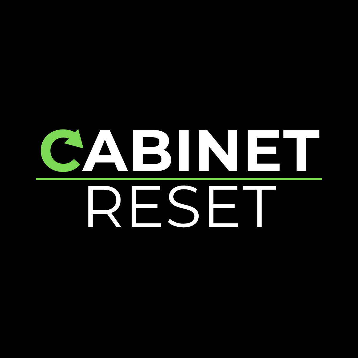 Logo for Cabinet Reset featuring the word 'RESET' in white text on a black background, with 'CABINET' in white letters, a green arrow forming the letter 'C', and a green line underneath.