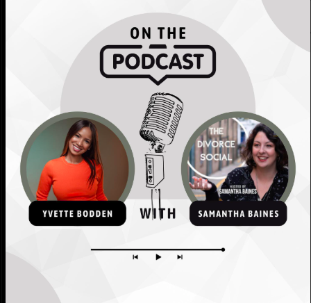 Podcast cover featuring Yvette Bodden and Samantha Baines, with a microphone illustration and audio controls.