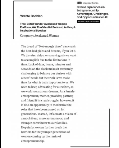 A printed page featuring an interview with Yvette Bodden, CEO and founder, discussing her journey as a female entrepreneur and her motivational insights. The header indicates the interview is part of a series on diverse experiences in entrepreneurshi
