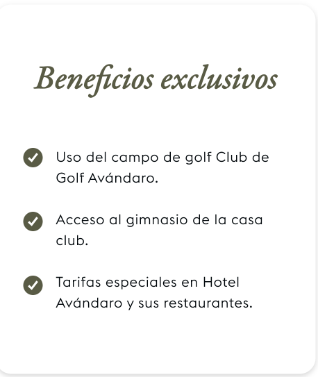 List of exclusive benefits at a club, including golf course access, gym access, and special hotel and restaurant rates.