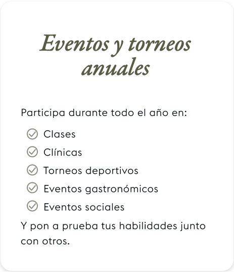 Text appears on a white background promoting annual events and tournaments, including classes, clinics, sports tournaments, gastronomic events, and social events, encouraging participation and testing skills.