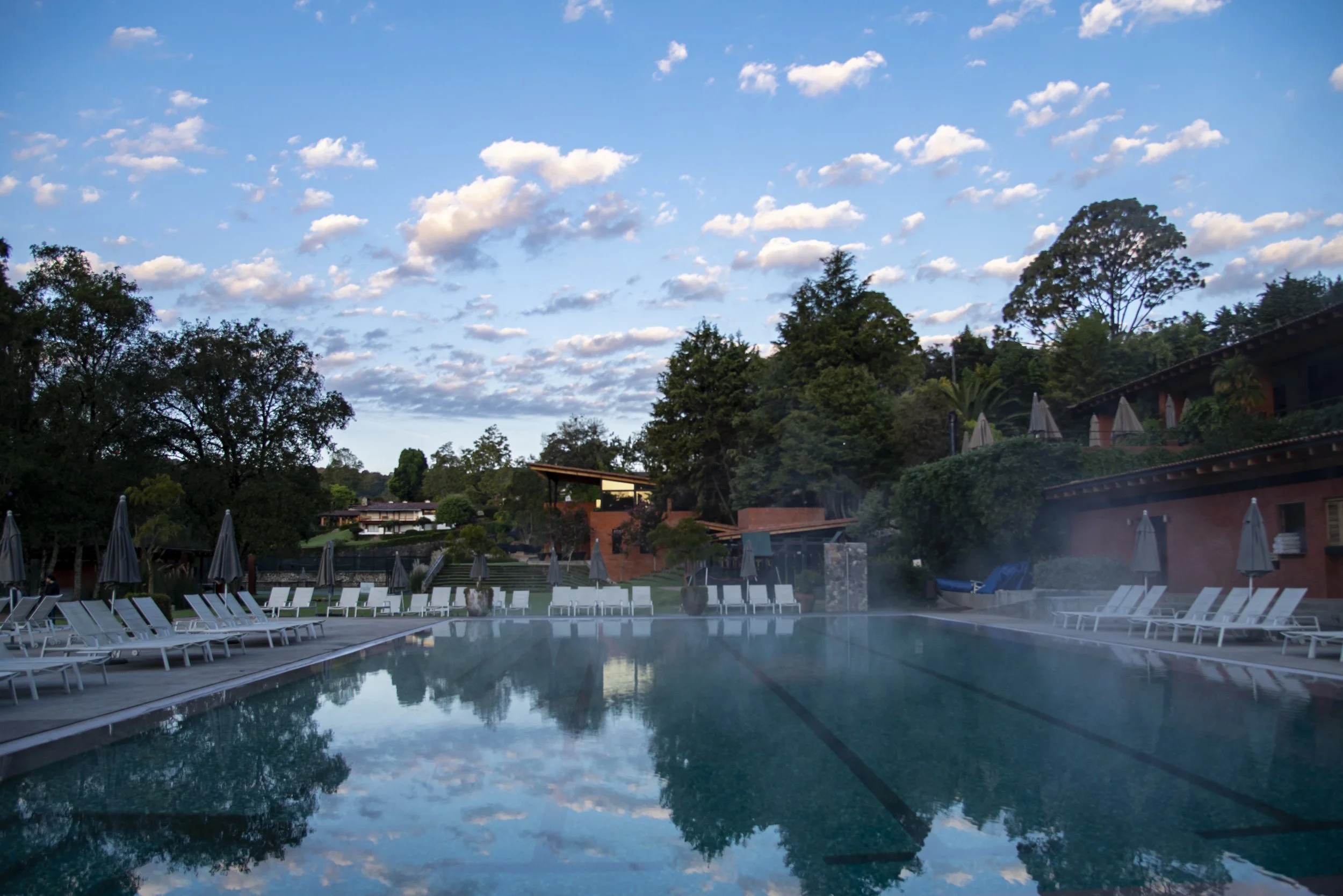 Outdoor swimming pool with lounge chairs and umbrellas, surrounded by trees and buildings under a blue sky with clouds.