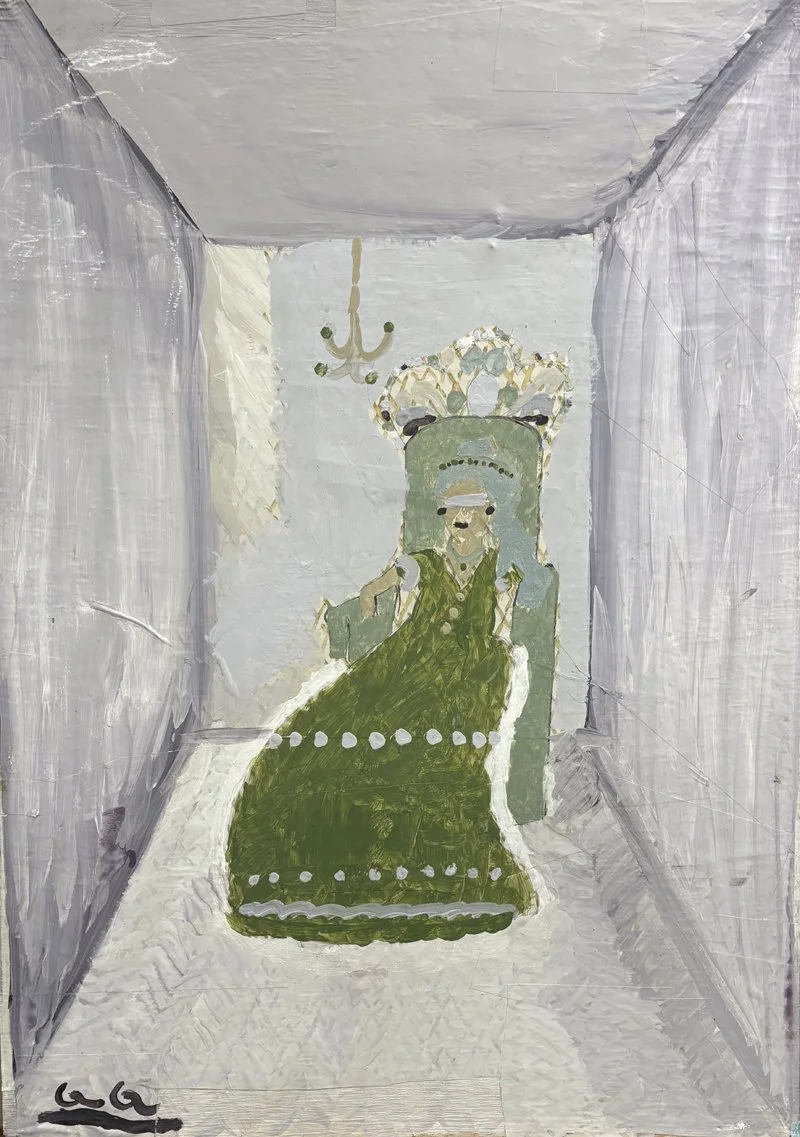 Painting of Nancy of Nooks by Nance sitting on a royal throne in a narrow nook-like area with a chandelier hanging overhead.