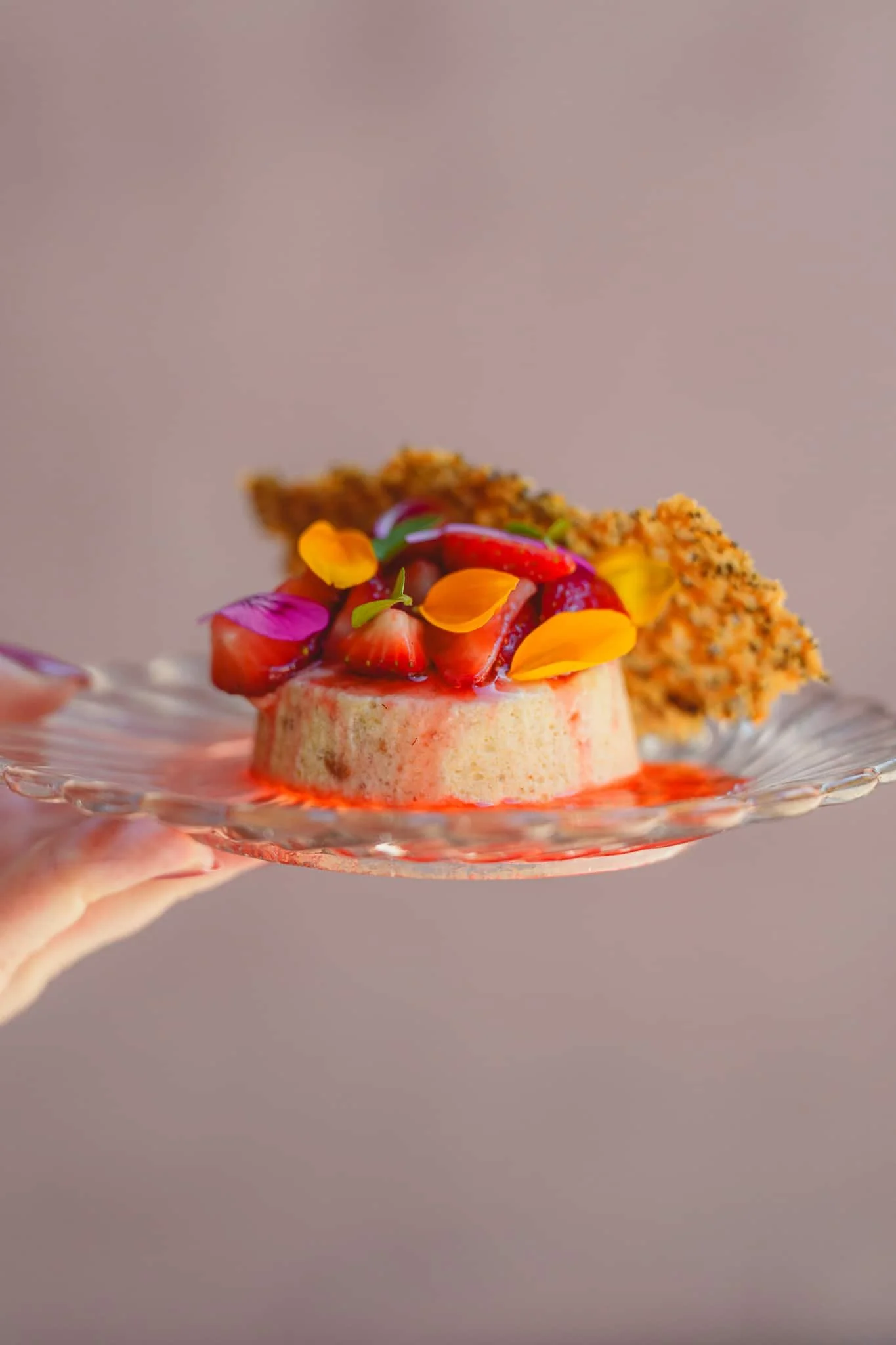 Dessert with berries and herbs at Flor Helsinki restaurant