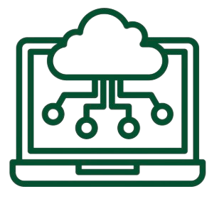 Outline of a cloud connected to a laptop via multiple lines and circles, representing cloud computing technology.